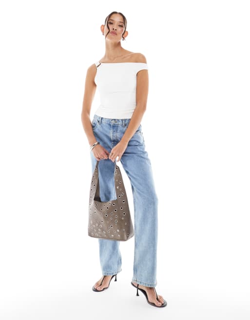 Bershka hardware detail one shoulder top in white