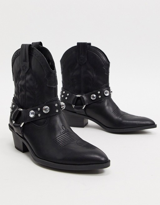 Bershka harness detail western boots in black