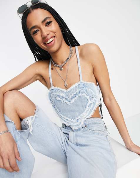 Bershka - Hartvormige denim top in lichblauw - view 1