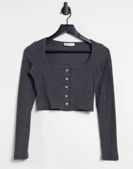 Bershka - Haut à encolure carrée avec boutons style pierres - Gris anthracite