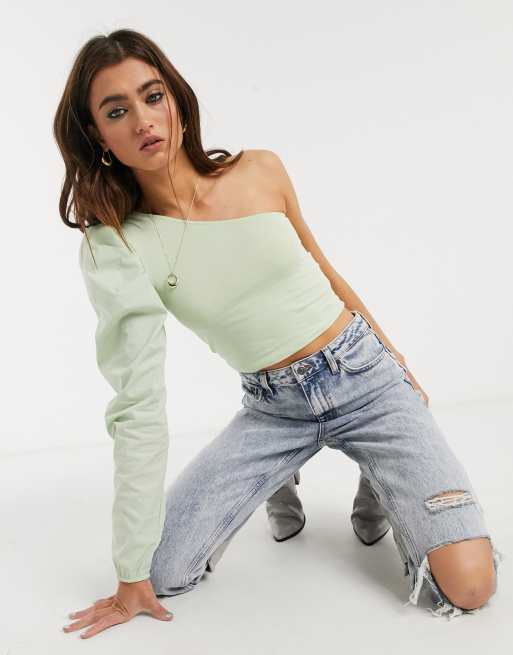 Bershka Haut asym trique en popeline manches bouffantes Vert