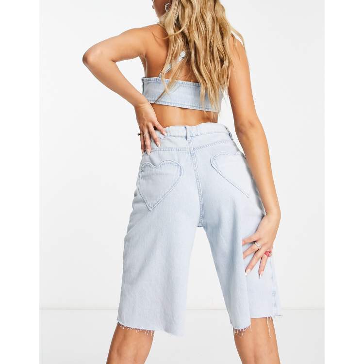 Bershka heart detail bermuda shorts in light blue