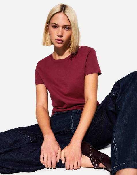 Bershka heavy cotton short sleeve t-shirt in burgundy - view 1