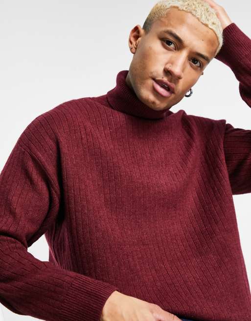 Bershka heavy knit roll neck jumper in burgundy