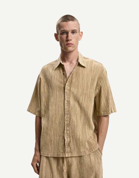Bershka heavy plisse co-ord shirt in sand - view 1