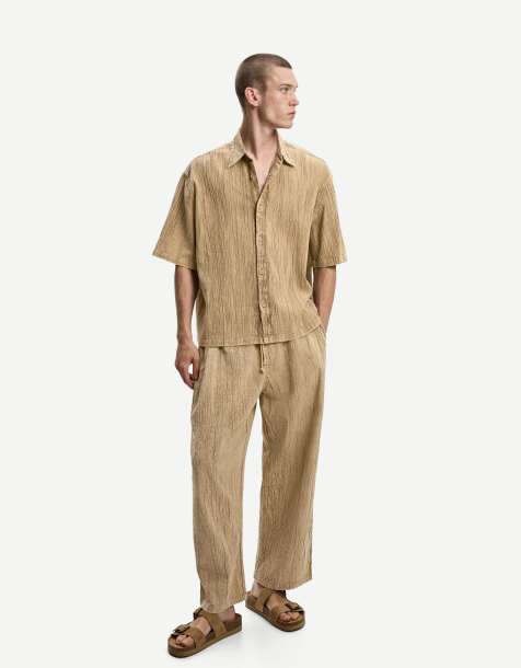 Bershka heavy plisse pants in sand (part of a set) - view 1