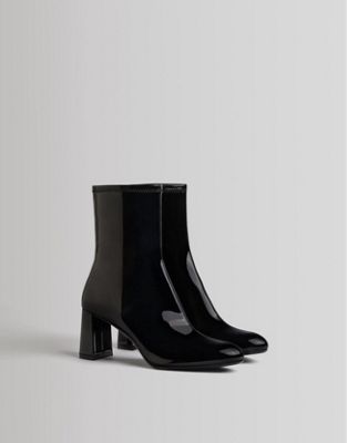 Bershka heeled ankle boot in black patent