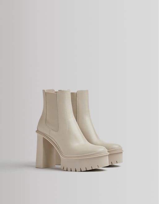 Bershka heeled ankle boots with platform and track sole in cream