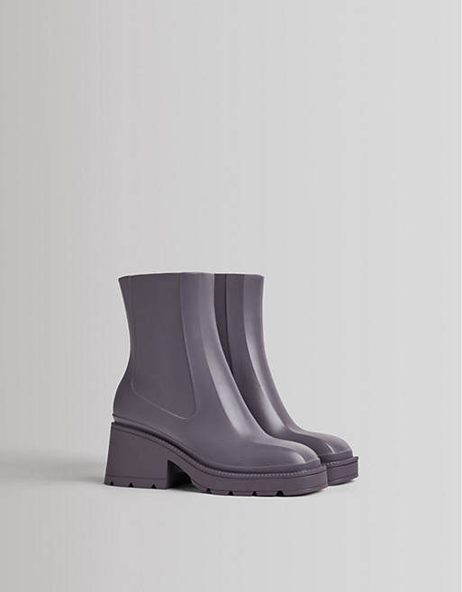 Bershka heeled ankle welly boots with square toe in lilac