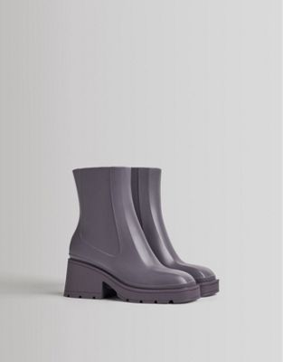 Bershka heeled ankle welly boots with square toe in lilac