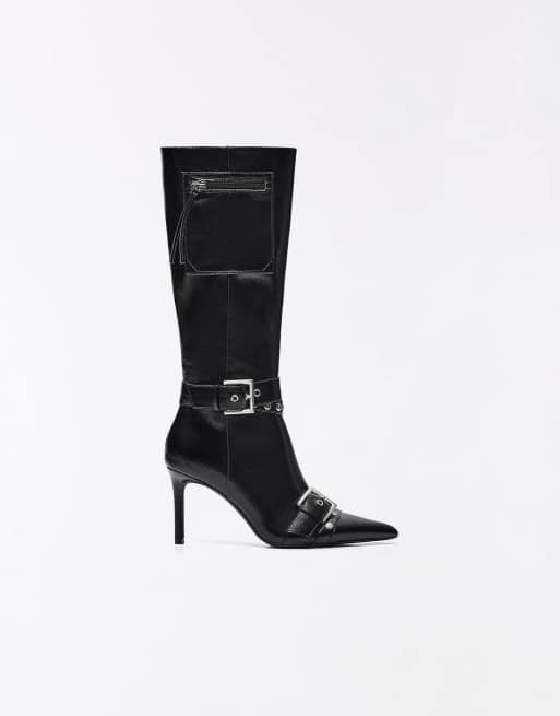 Bershka Heeled boots with buckle detail in black, 7 of 7