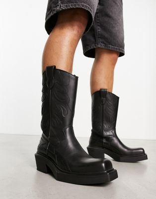 Bershka heeled PU leather cowboy boot in black  - ASOS Price Checker