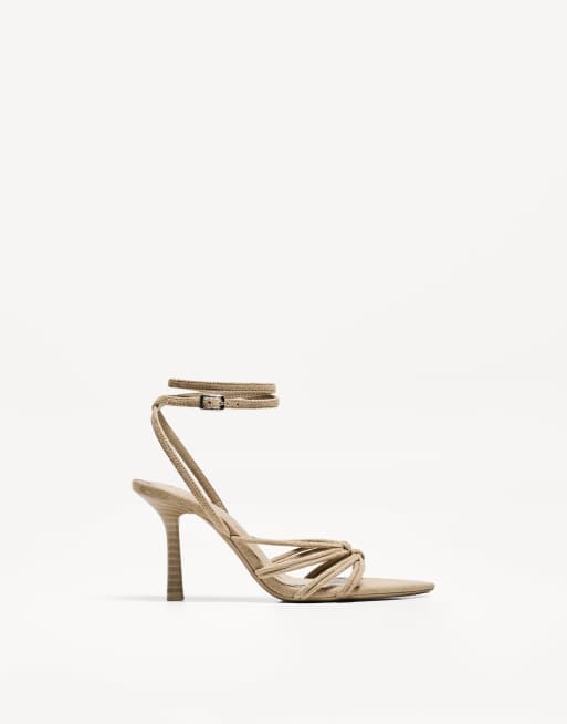Bershka heeled strappy sandals with ankle strap in tan - TAN