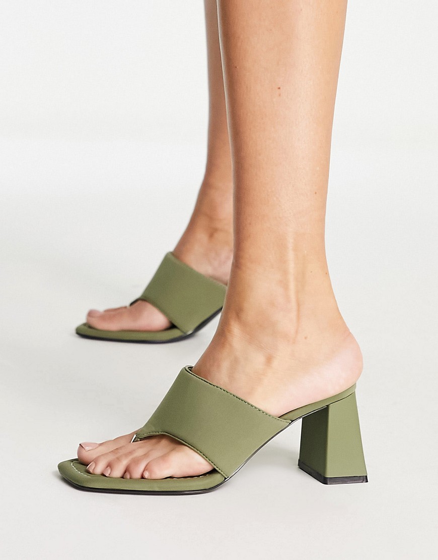 Bershka Heeled Toe Post Sandal In Khaki-green