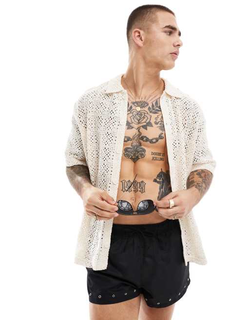 Bershka – Hemd in Ecru mit Häkelmuster