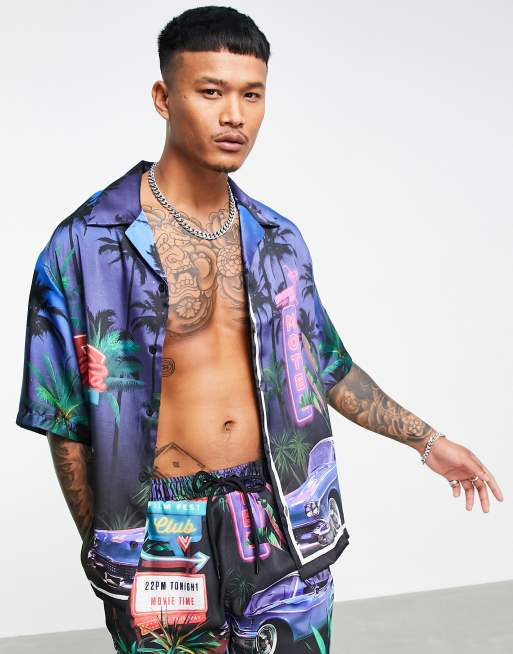 Bershka – Hemd in Schwarz mit Print in Motel-Optik