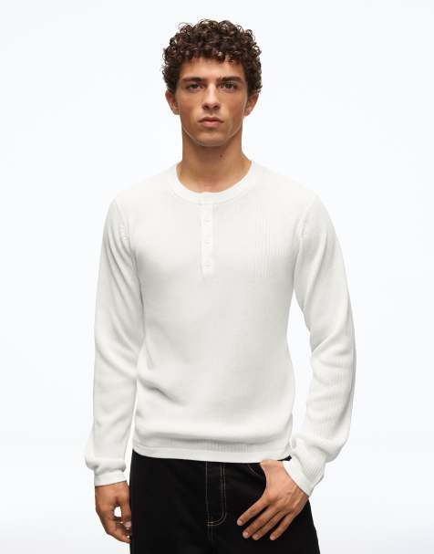 Bershka Henley gebreide trui in wit - view 1