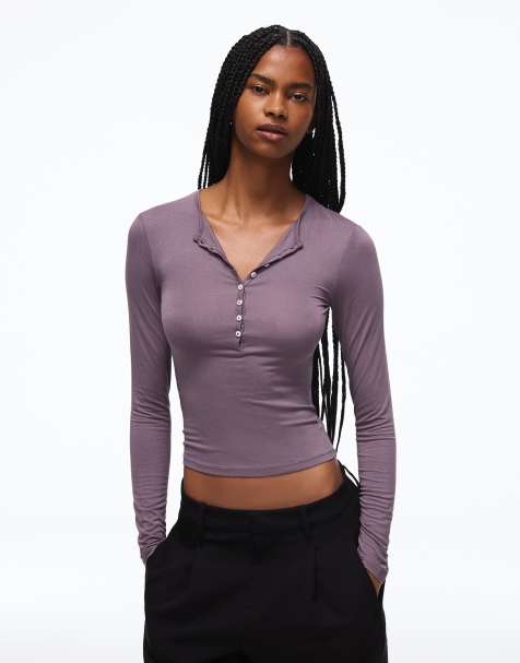 Bershka Henley long-sleeve t-shirt in purple - view 1