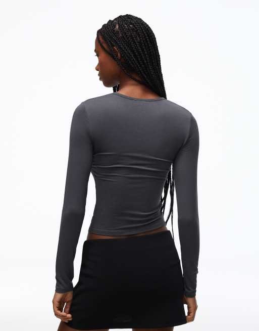 Bershka Henley long-sleeve t-shirt in washed grey, 3 of 5
