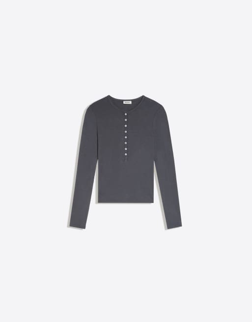 Bershka Henley long-sleeve t-shirt in washed grey, 5 of 5