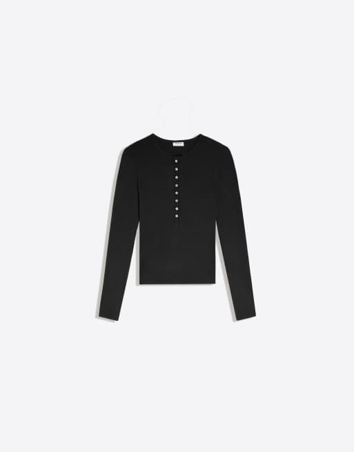 Bershka Henley-t-shirt med långa ärmar i svart, 5 av 5