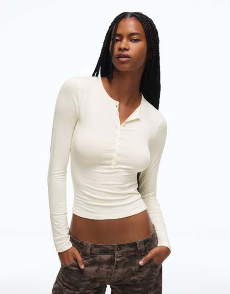 Bershka Henley-t-shirt med långa ärmar i vitt - view 1