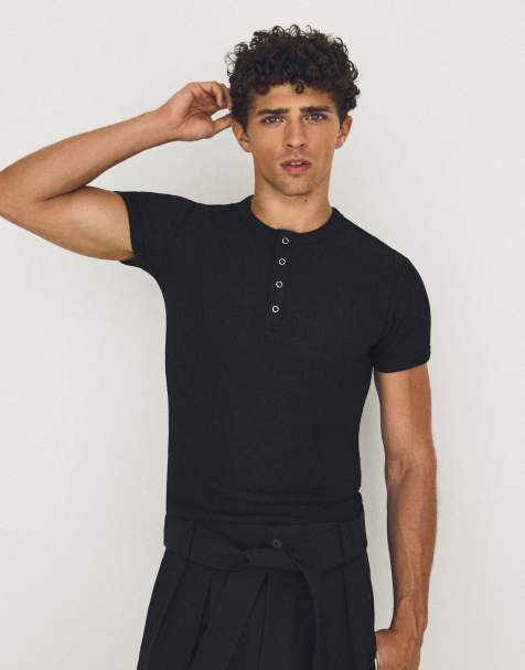Bershka - Henley T-shirt met textuur in zwart - view 1