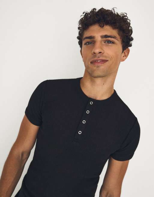 Bershka - Henley T-shirt met textuur in zwart, 4 van 4