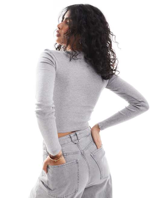 Bershka henley top in grey melange, 3 of 4
