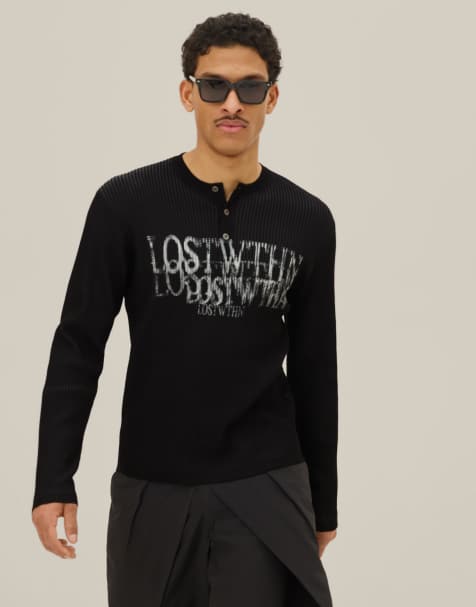 Bershka - Henley trui met print in zwart - view 1