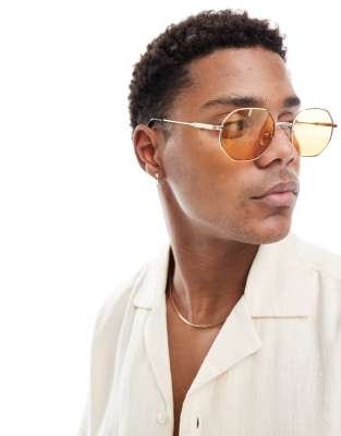 Bershka hexagon frame sunglasses with yellow lens in gold 