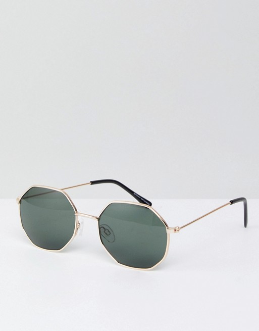 Bershka Hexagonal Sunglasses In Gold Frame With Black Lenses
