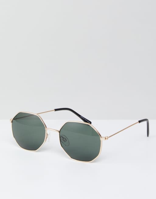 Hexagonal Sunglasses with Gold Frames and Black Lenses