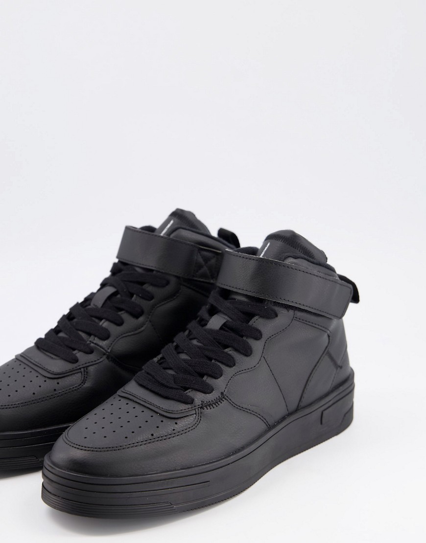 Bershka hi top sneakers with velcro strap in black