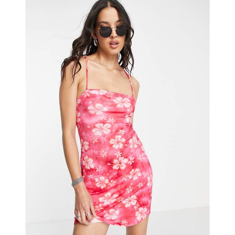 Bershka hibiscus floral print cami mini dress in pink | ASOS