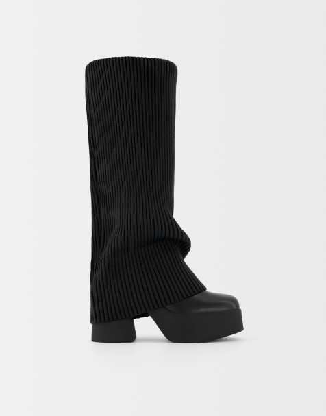 Bershka high heel platform boots with sock detail in black - view 1