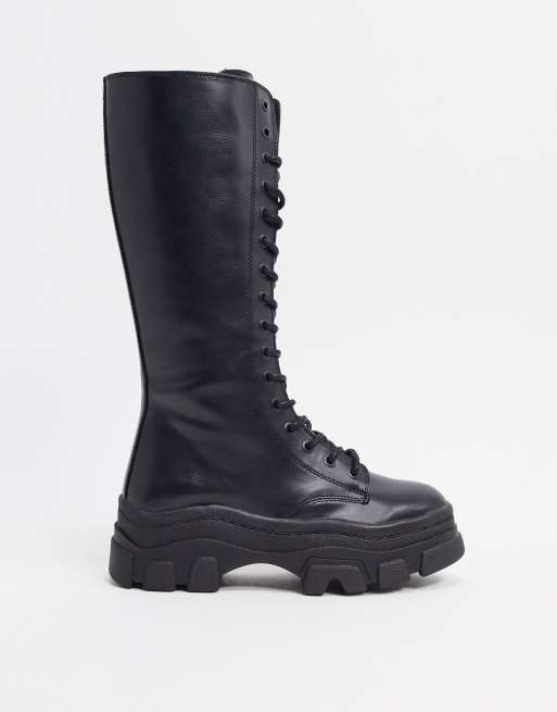 Bershka High Lace Up Boots With Track Sole In Black Asos