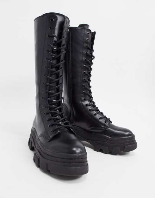 Bershka High Lace Up Boots With Track Sole In Black Asos