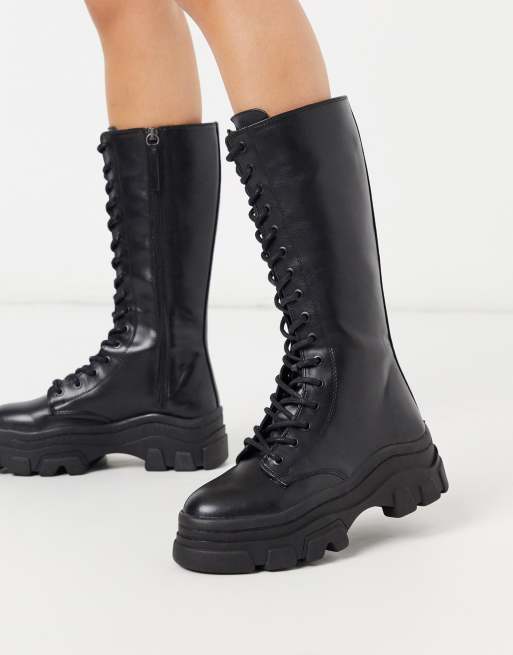 Bershka High Lace Up Boots With Track Sole In Black Asos