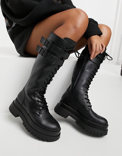 Bershka high leg lace up boot with cleated sole in black