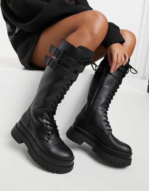 Bershka high leg lace up boot with cleated sole in black ASOS