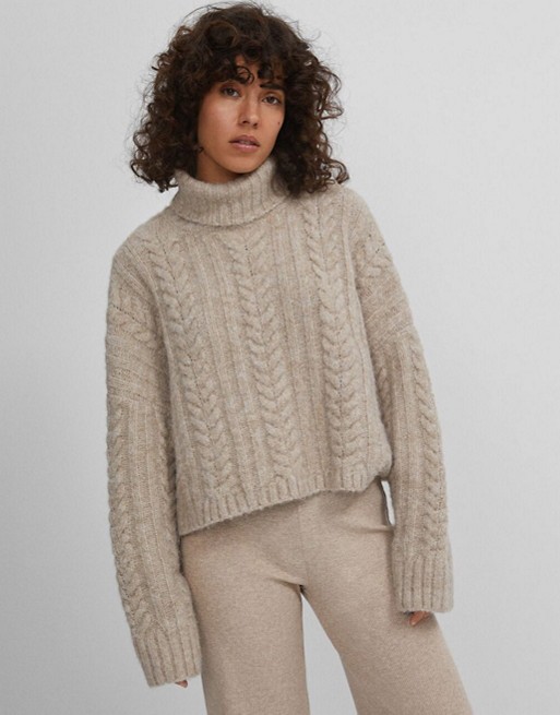 Bershka recycled polyester high neck cable knit jumper in oatmeal