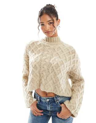 Bershka high neck chunky jumper in sand-Green