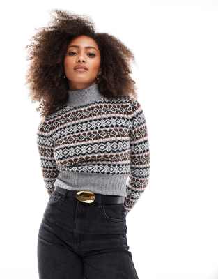 Bershka high neck fair isle jumper in grey