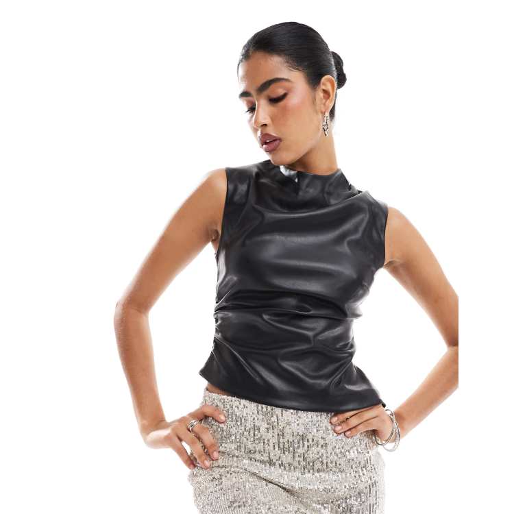 Bershka high neck faux leather top in black | ASOS