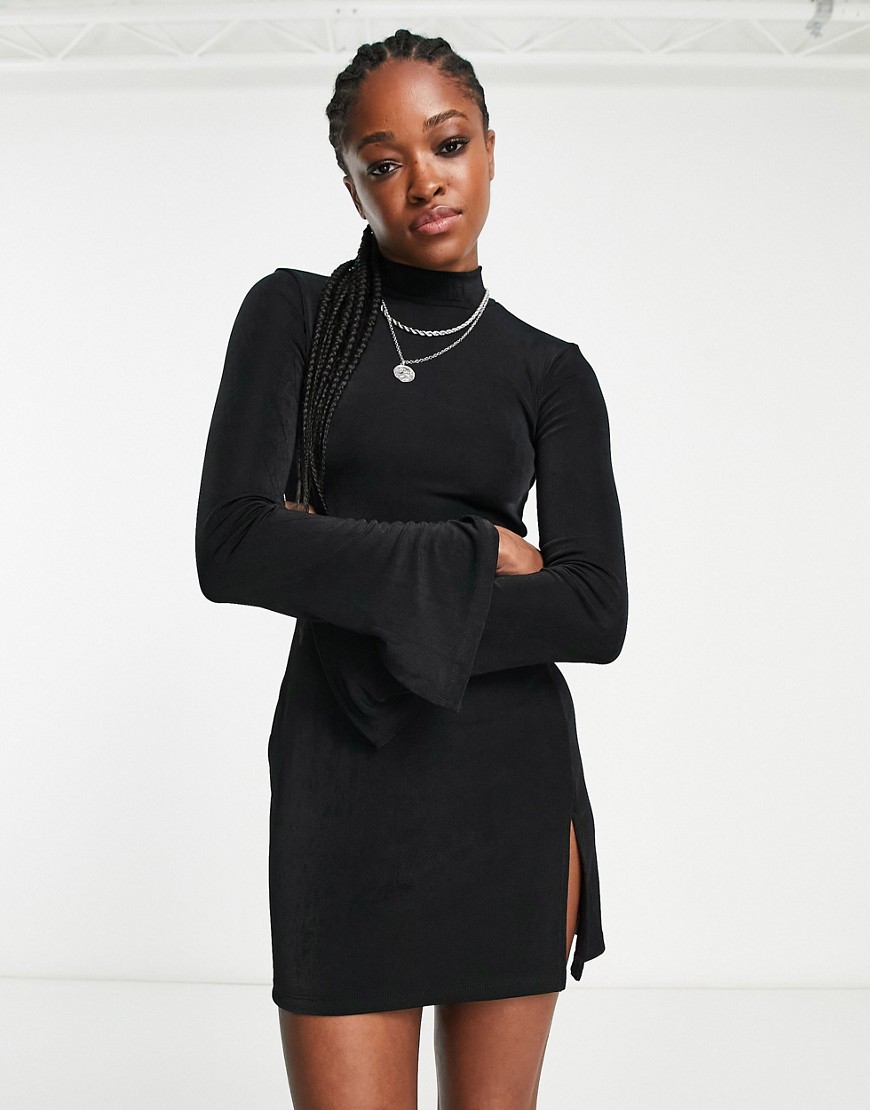 Bershka high neck flared sleeve slinky mini dress in black