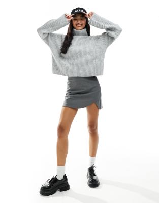 Bershka high neck jumper in grey-White