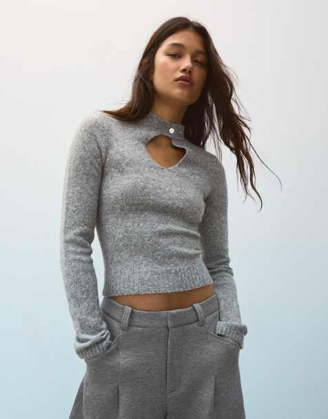 Bershka High-neck jumper with keyhole detail in grey - view 1