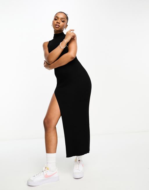 Bershka high neck knit midi dress in black