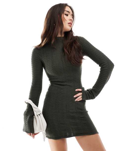 Bershka high neck knitted mini dress in khaki